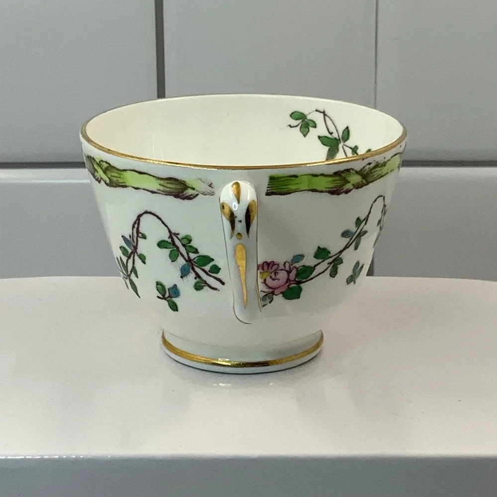 Crown Staffordshire Fine Bone China Teacup Floral Ribbon Gold‎ Trim England